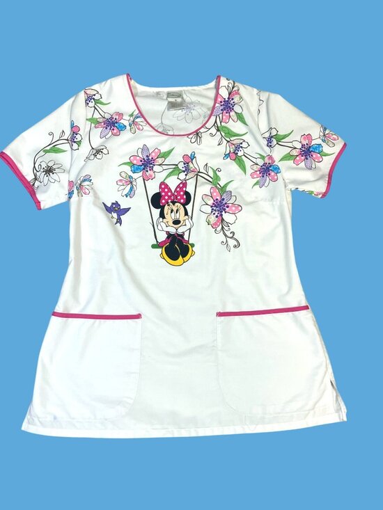 Disney Tops - Disney Minnie Mouse White Floral Scrub Top W/ Pockets S 65% Polyester 35% Cotton